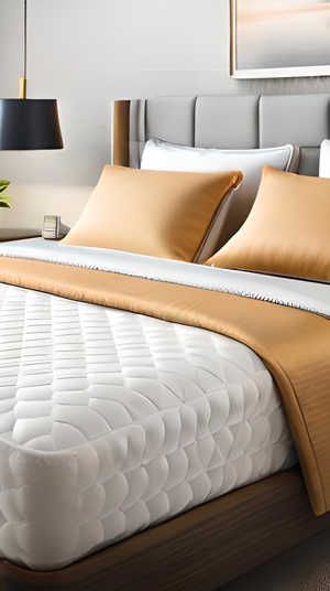 close-up of a plush mattress surface with a delicate quilted design, the soft, luxurious texture of the fabric gently inviting touch, the light plays on the surface, enhancing the rich, premium feel, mood is tranquil, luxurious, and restful, the quilted patterns are detailed and precise, adding to the sophisticated comfort of the mattress --chaos 35 --ar 9:16 --profile kwllwrr --stylize 200 --v 6.1 Job ID: 12a73024-a847-4c2e-8edb-da7b97fac842