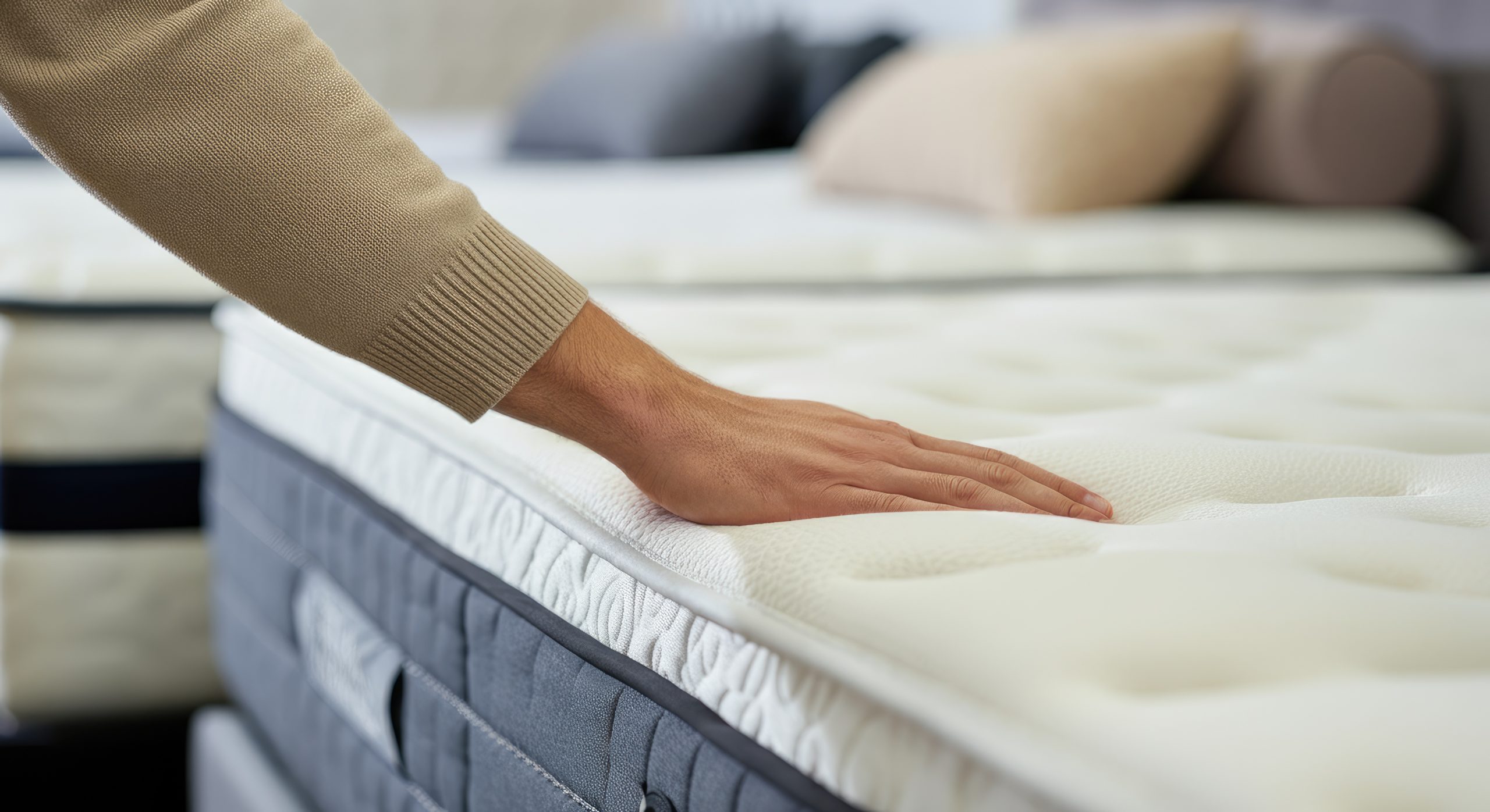 Hand pressing mattress for testing firmness; concept of bed comfort