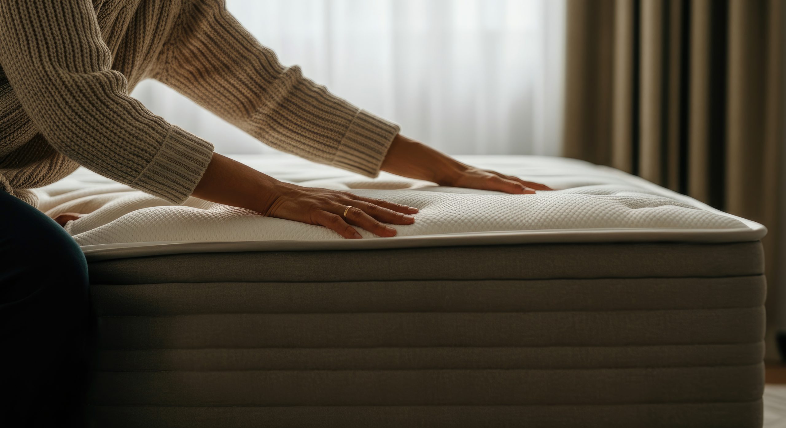 Woman making bed with comfortable mattress in cozy room